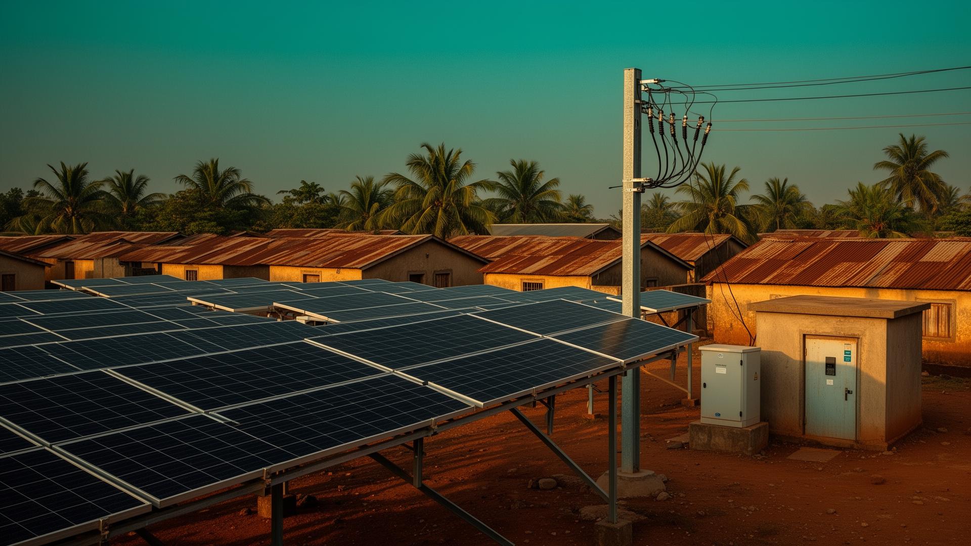 Solar mini-grid array beside houses in a Nigerian community at golden hour